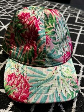 Floral Satin Baseball Cap Pink Green Tropical Adjustable
